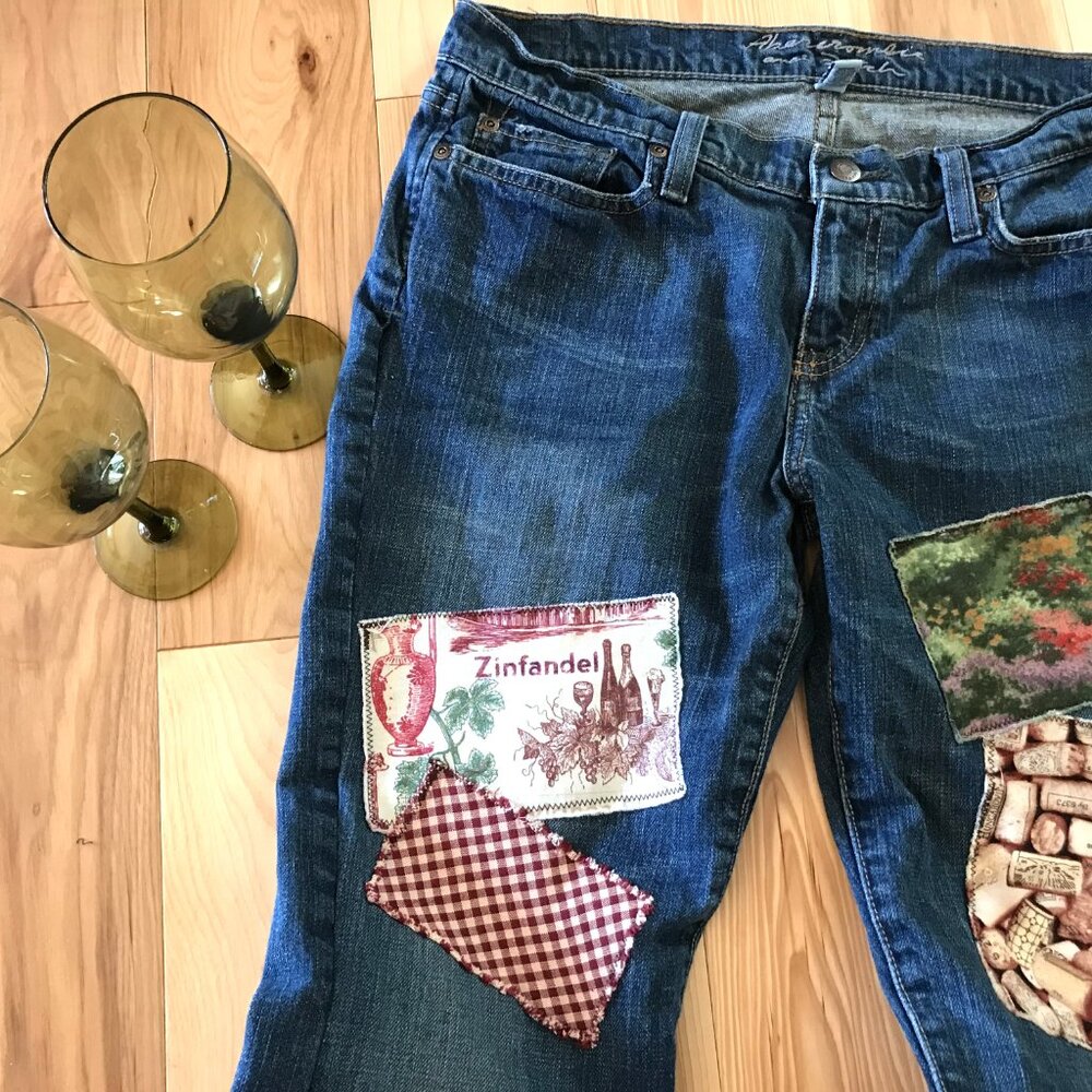 Upcycled Patchwork Jeans: Wine Theme Boho Hippie … - image 3